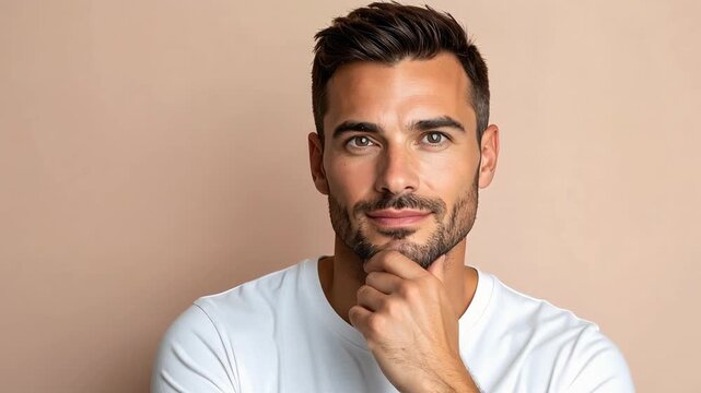 Portrait of man touching chin against pastel backdrop expressing contemplation style and modern lifestyle confidence