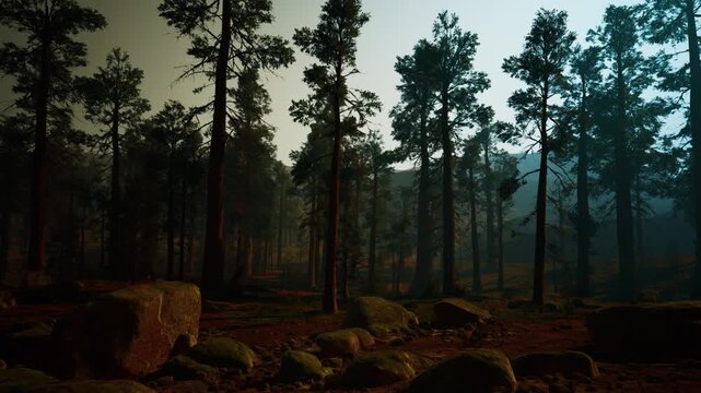Misty pine forest at dusk with cinematic lighting and bluegreen haze, tall conifer trunks rising above mosscovered boulders, needlestrewn ground, patchy