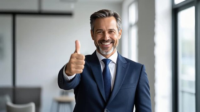 Smiling businessman giving thumbs up gesture showing success confidence and professional approval
