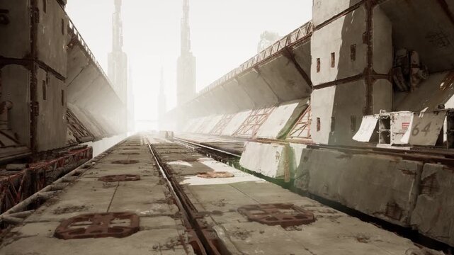 sunlit narrow transitway lined with concrete barriers and stained panels, low cargo modules and hatch covers scattered along route autonomous rover scans