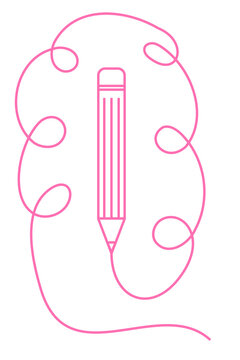 Pink pencil with brain outline line art doodle. Creative thinking, brainstorming, creativity, education, innovation, artistic intelligence, problem solving concept vector illustration. High-res PNG