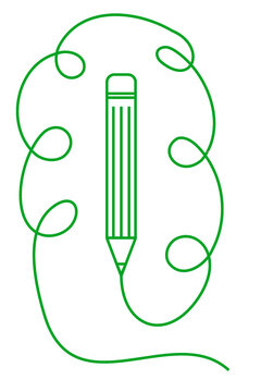 Green pencil with brain outline line art doodle. Creative thinking, brainstorming, creativity, education, innovation, artistic intelligence, problem solving concept vector illustration. High-res PNG