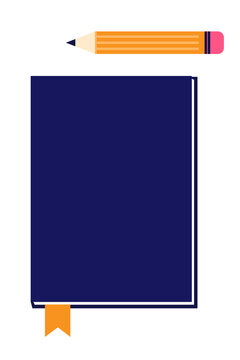 Colorful flat illustration of navy blue notebook and yellow pencil, education, mindfulness and writing concept. Minimal modern design for learning, journaling, creativity, self-care. High-res PNG