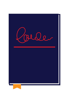 Navy book with red hand drawn scribble title, text. Novel, story, knowledge, reading, book club concept. High resolution PNG for reading, learning, education, social media posts and articles