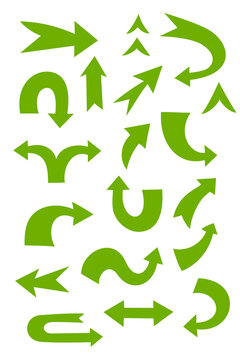 Green chunky arrow icon set featuring bold directional arrows pointing up, down, left, right, curved, diagonal. Vector navigation symbols for UI design, signage, infographics, graphic elements. PNG