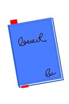 Blue book with red bookmark illustration, hand drawn scribble title. Novel, story, knowledge, reading, book club concept. High resolution PNG for reading, learning, education, social media, articles