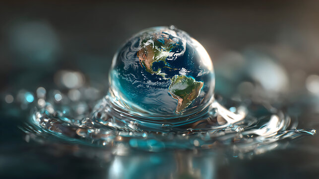 Earth inside water droplet floating on rippling water. Hyperreal Earth water droplet celebrating nature