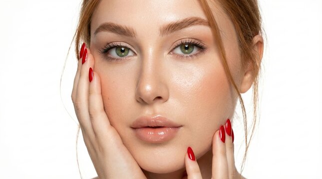 Beautiful young woman with perfect skin and red nails in a close-up studio portrait, showcasing her delicate features and elegant beauty
