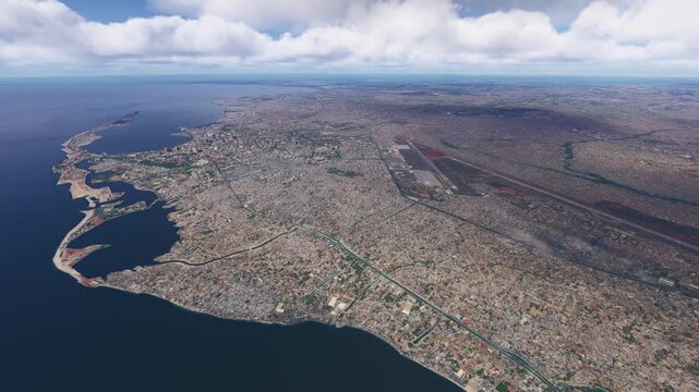 Circular aerial drone shot of Luanda City. Angola