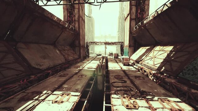sunlit industrial loading bay with truck, wide perspective down rails and concrete platforms delivery vehicle reversing, dock crew signals, crane overhead,