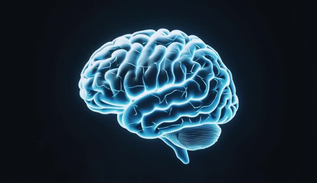 3d human brain appearing from thick smoke with blue glowing aura