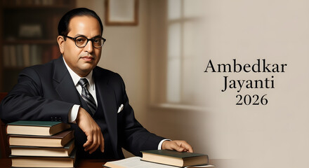 Fototapeta na wymiar Greeting Ambedkar Jayanti 2026 text book library leader reformer lawyer scholar politician writer teacher orator visionary activist economist