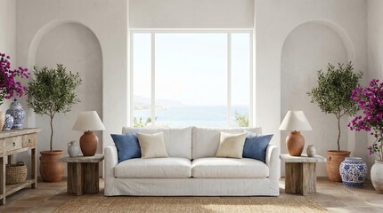 Obraz premium A serene living room, complete with a sofa, plants, and side tables, offering a sense of relaxation and comfort
