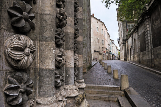 Sculpture detail on doorpost of north portal at Saint-Etienne Cathedral in Cahors, France