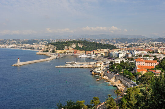 View of Baie des Anges from the Corniche in Nice, showcasing the coastline and city landscape in southeast France