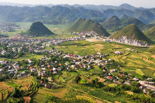Paddy fields around Tam Son village seen from Quan Ba Pass on the road to Yen Minh in Ha Giang province, Vietnam