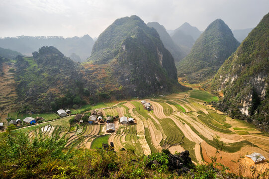 Exploring Sa Phyn valley with rice terraces and mountains near Dong Van in Northern Vietnam