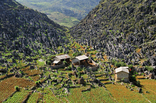 Hmong houses nestled in limestone mountains in Dong Van Karst Plateau Geopark, Ha Giang province of Vietnam