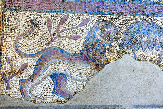 Discovering Roman mosaic floor with Byzantine influence in the archaeological museum complex in Mertola, Alentejo region of Portugal