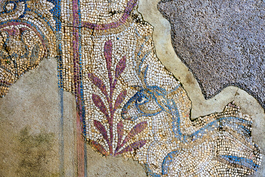 Roman mosaic floor exhibits Byzantine influences in archaeological site of Alcacova in Mertola Portugal