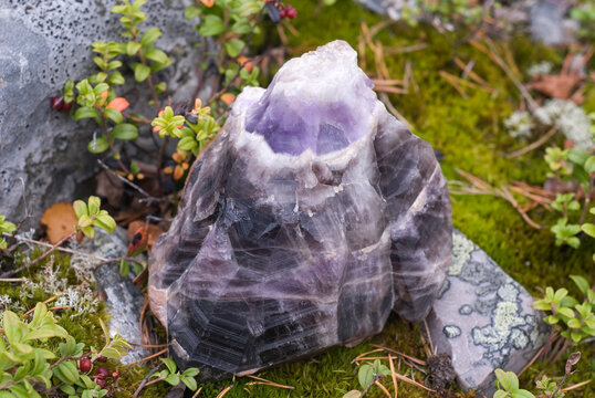 Large amethyst sample found in the Lampivaara Hills of Pyha-Luosto National Park, Finland surrounded by nature