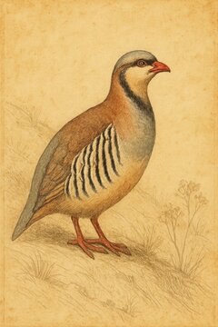 Lively period sketch of a chukar partridge amid sparse desert scrub