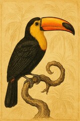 Obraz premium Antique tropical illustration of a toucan amid ghostly palm fronds