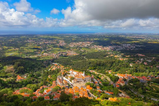 High angle view of Sintra town showing buildings and landscape in Portugal during daytime