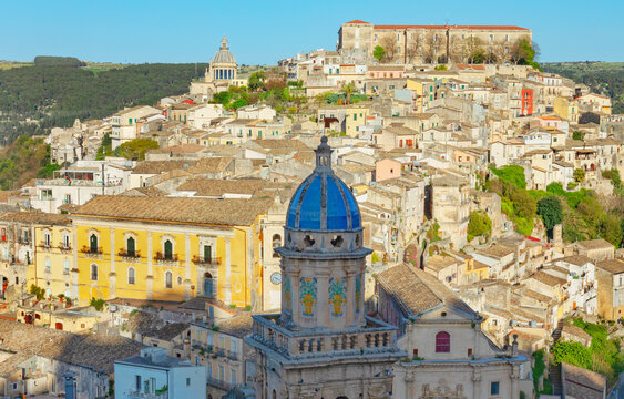 Elevated view of Santa Maria dell'Itria and Ragusa Ibla showing rooftops and distant hills in central Sicily, Italy