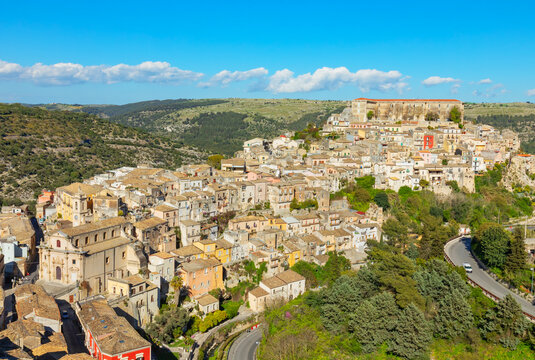 Elevated view showing Ragusa Ibla in Sicily with its buildings and landscape under a clear sky