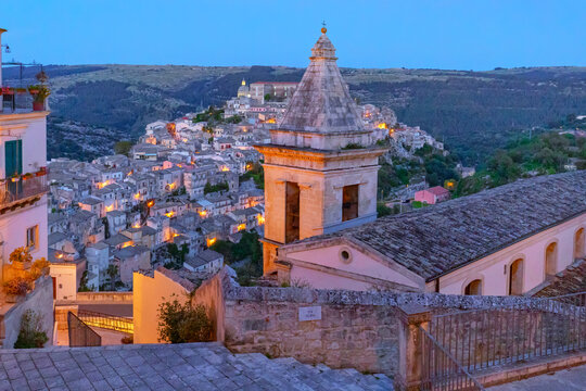 View of Ragusa Ibla from Santa Maria delle Scale Church during twilight in Ragusa province of Sicily, Italy