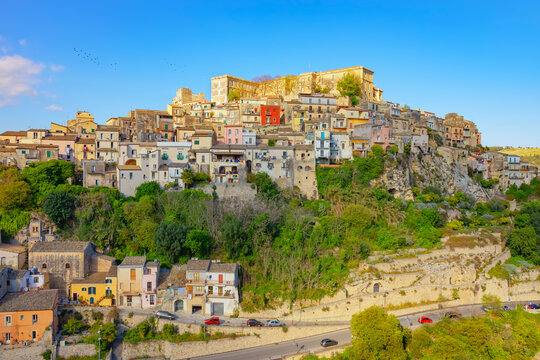 View of Ragusa Ibla historic town showcasing its buildings and landscape in Sicily, Italy during daytime