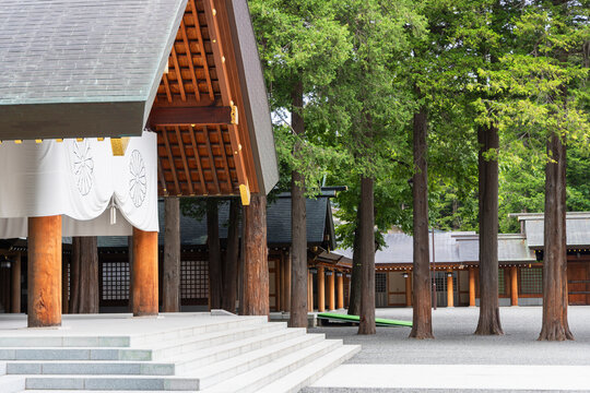Visitors observe the architectural details and nature at Jingu Shinto Shrine in Sapporo, Hokkaido, Japan