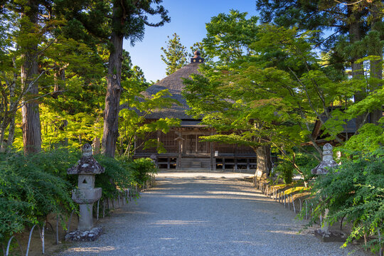 Jogyodo hall at motsuji temple with greenery in hiraizumi iwate japan