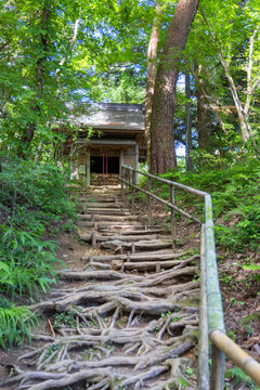 Steps leading to Kyozo Sutra Repository located at Chuson-ji Temple in Hiraizumi Iwate Japan surrounded by nature