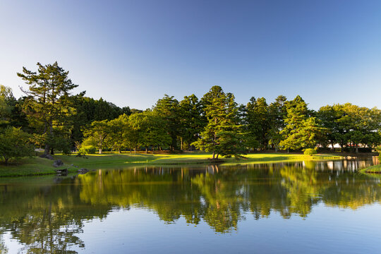Pond at Kanjizaio-in Ato temple surrounded by trees and reflecting clear sky in Hiraizumi, Iwate, Japan
