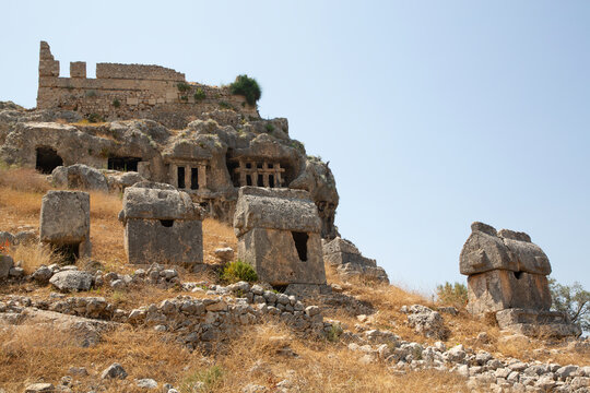 Exploring ancient Lycian sarcophagi and rock tombs in Tlos from the 4th century BC to the 3rd century AD in Turkey