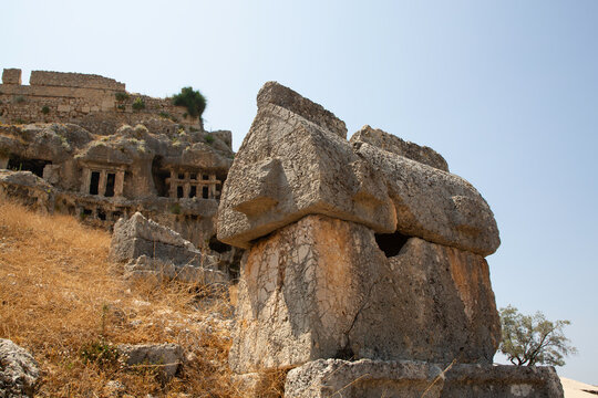 Sarcophagus from 4th century BC to 3rd century AD in rock tombs at Tlos, ancient Lycian city in Mugla Province, Turkey