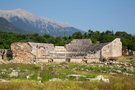 Roman theater built between 31 BC and 14 AD located in Tlos, an ancient Lycian city in Turkey among scenic mountains