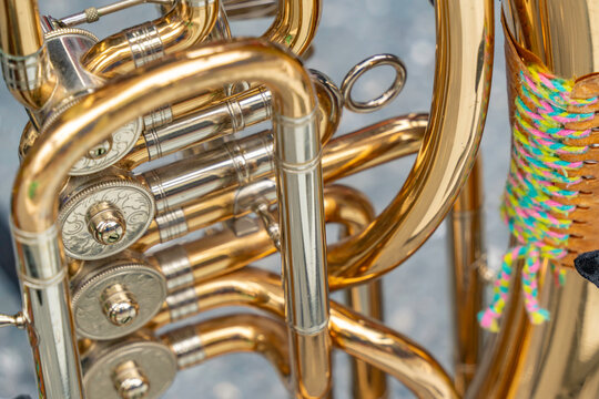 View of brass instrument in summer at town center in Kaprun, Zell am See, Salzburg, Austria