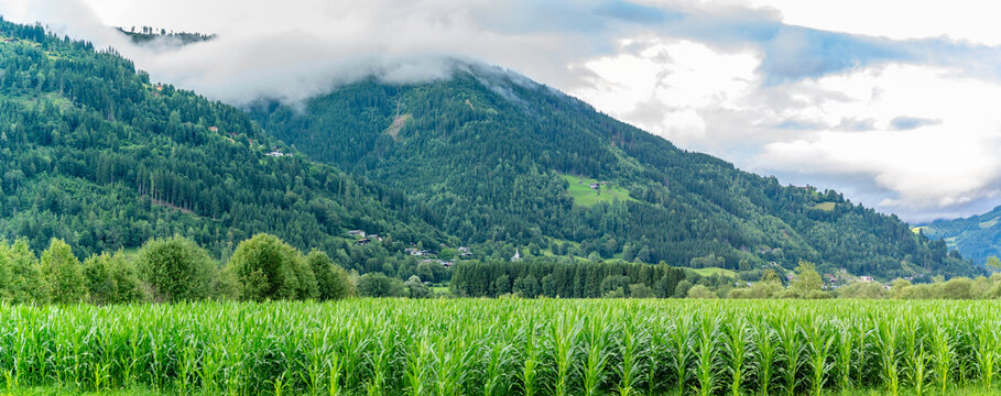 Landscape view showing greenery and mountains with clouds near Kaprun in summer