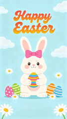 Fototapeta premium Happy Easter Flat Cartoon Cute Easter Bunny with Pastel Egg Flowers Greeting Card