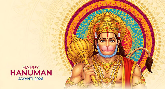 Hanuman portrait illustration mace weapon mandala pattern gold red colorful background text year traditional art design
