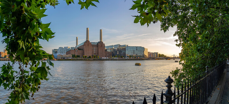 View of Battersea Power Station and River Thames in Nine Elms London on a summer evening