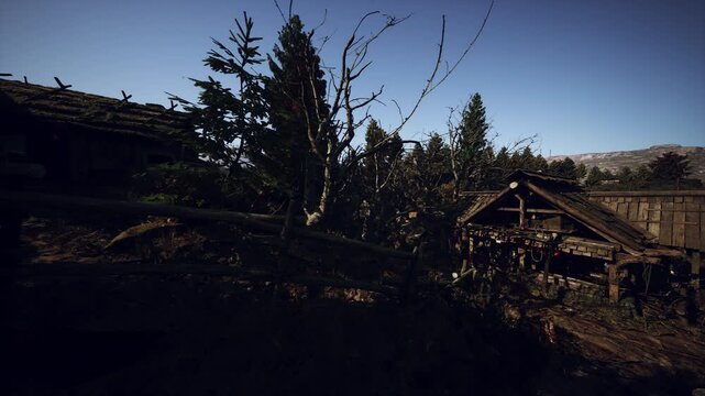 abandoned settlement reclaimed by dense forest canopy, roots and vines threading collapsed roofs, moss carpet across rubble, soft dappled light and wildlife