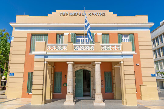 Colorful architecture in Eleftherias Square during a sunny day in Heraklion, Crete, Greece