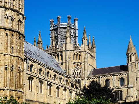 View of Ely Cathedral with clear blue sky and detailed architecture in the city of Ely, Cambridgeshire, United Kingdom