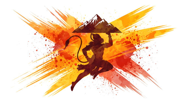 Hanuman mountain lifter hero strength power flight sky warrior monkey god mythology legend action splash watercolor art orange