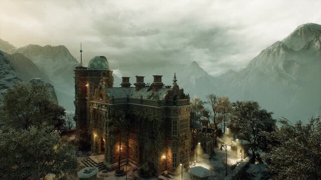 derelict baroque estate under overcast sky, weathered stone facades, overgrown trees and misty mountain backdrop, evocative ruin aesthetic ideal for urban