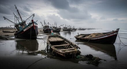 Fototapeta premium Several boats resting on a muddy shoreline under cloudy sky.